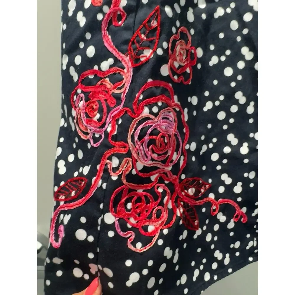Susan Bristol Embroidered Rose Polka Dot Midi Skirt Size 4 Cottagecore